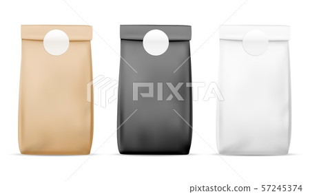 Paper packaging food bag. Blank white, brown and black bag. Product container package. Retail meal Paper packaging food bag. Blank white, brown and black bag. Product container package. Retail meal 57245374