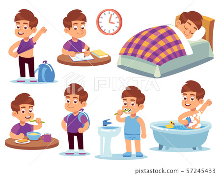 Boy daily activities. Little kid sleeps in a bed, wake up and takes bath, does homework and eats in Boy daily activities. Little kid sleeps in a bed, wake up and takes bath, does homework and eats in 57245433