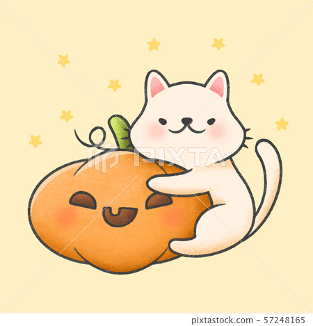 Cat hug a pumpkin cartoon hand drawn style - Stock Illustration ...