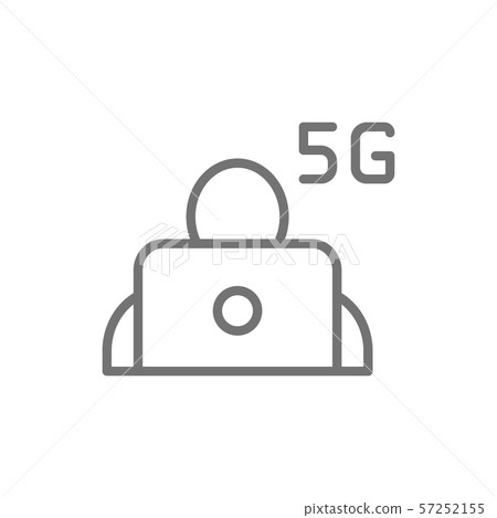 Man at laptop with 5G internet line icon. Man at laptop with 5G internet line icon. 57252155