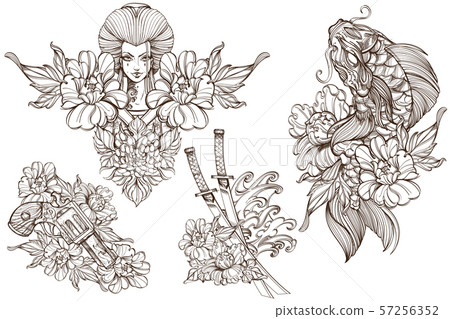 Contour image of asian woman in a kimono. Girl samurai on the background of old parchment. A set of 57256352