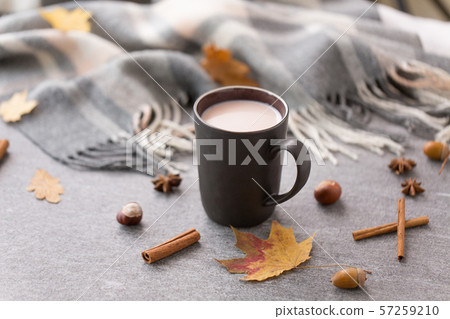 hot chocolate, autumn leaves and warm blanket 57259210