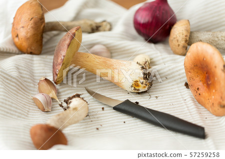 edible mushrooms, kitchen knife and towel 57259258
