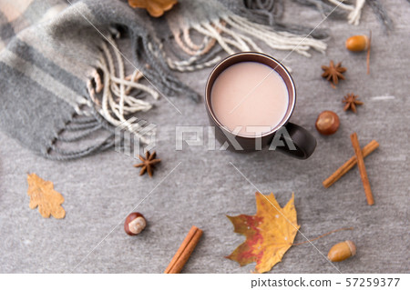 hot chocolate, autumn leaves and warm blanket 57259377