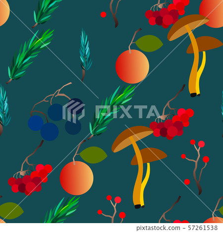 Autumn vector seamless pattern with berries, acorns, pine cone, mushrooms, branches and leaves. 57261538