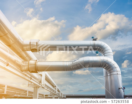 Air Chiller Pipeline and HVAC System of Department Store, Overhead Building Structure of Air Conditioning Chiller Pipe and Outlet Cooling Systems. Insulation Cover for Piping of Industrial Equipment 57263558