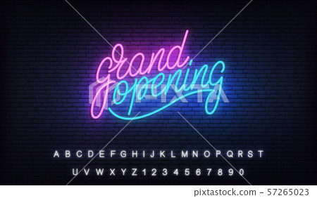 Grand opening neon. Glowing lettering neon billboard sign for opening ceremony 57265023