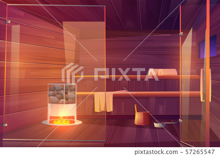 Sauna empty room with glass doors wooden bathhouse 57265547