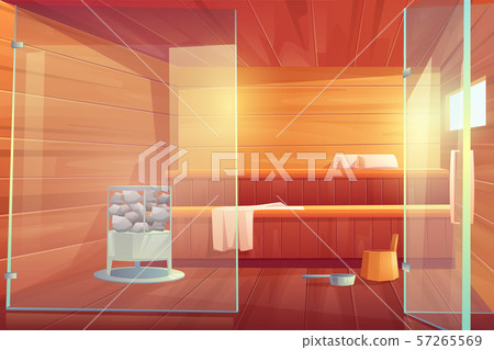 Sauna empty room with glass doors wooden bathhouse 57265569