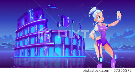 Girl selfie on Coliseum neon sci-fi background 57265572