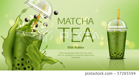 Matcha green tea with bubbles and ice cubes mockup Matcha green tea with bubbles and ice cubes mockup 57265594