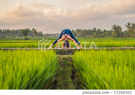 Young woman practice yoga outdoor in rice fields in the morning during wellness retreat in Bali 57268502
