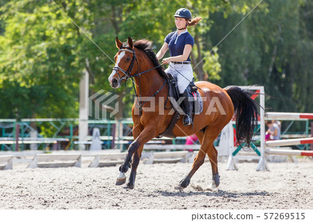 Young female horse rider on equestrian sport event 57269515