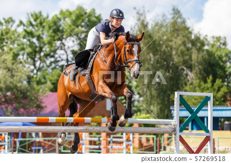 Horse rider woman on show jumping competition 57269518