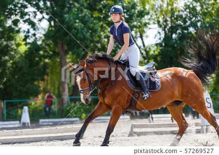 Young female horse rider on equestrian sport event 57269527