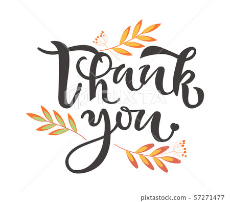 Thank You hand drawn text with leaves on background. Thank-you quote, lettering 57271477