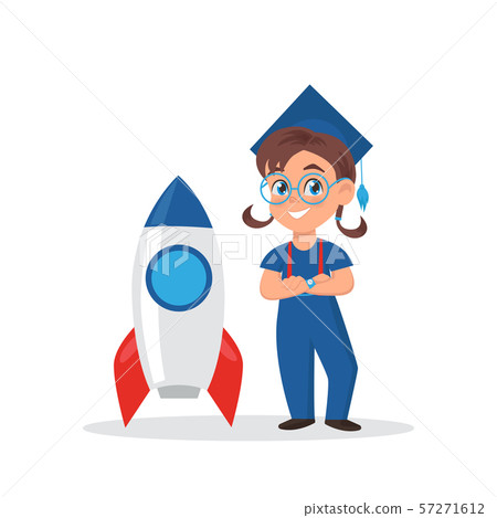 Cute little girl in graduation cap. Schoolgirl standing with rocket. Mascot for education school 57271612