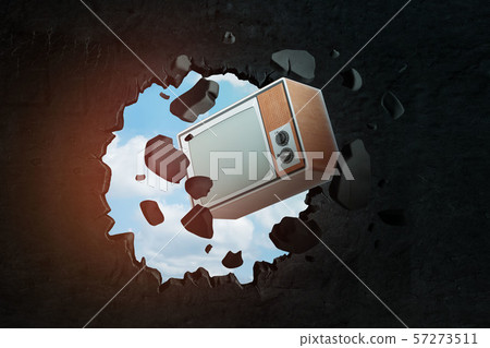 3d rendering of vintage retro TV breaking black wall 3d rendering of vintage retro TV breaking black wall 57273511