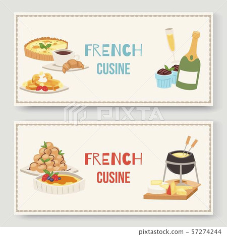 French cuisine traditional food vector illustration of two banners set. Delicious french meal for 57274244