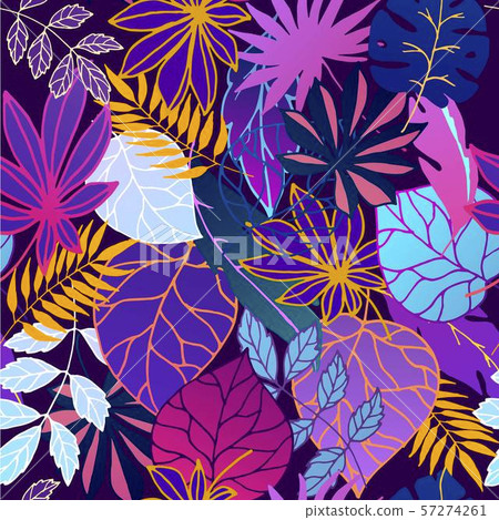Neon glow fantastic leaves seamless vector pattern in fashion, trend color palette. Glowing Neon glow fantastic leaves seamless vector pattern in fashion, trend color palette. Glowing 57274261