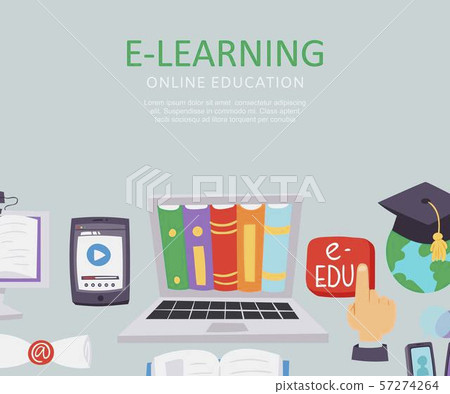E-learning education school university vector illustration. Flat poster with monitor full of books E-learning education school university vector illustration. Flat poster with monitor full of books 57274264