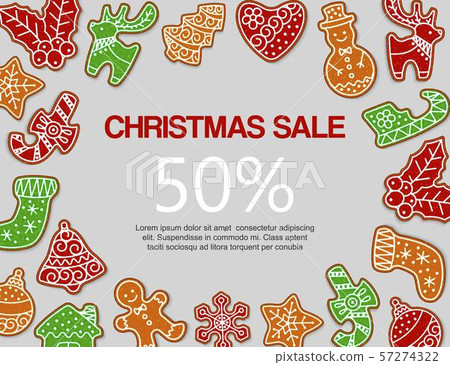 Christmas gingerbread sale vector illustration. Traditional christmas gingerbread snowmen, sock Christmas gingerbread sale vector illustration. Traditional christmas gingerbread snowmen, sock 57274322