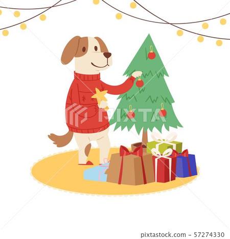 Cartoon dog wearing red Santa sweater decorates Christmas tree vector illustration. Childish 57274330