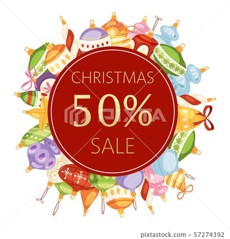 Christmas balls sale 50 discount vector illustration. Red round label with golden sale letters and 57274392