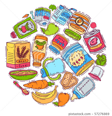 Baby complementary food circle vector illustration. Complementary feeding for children 6 to 8 months Baby complementary food circle vector illustration. Complementary feeding for children 6 to 8 months 57276869