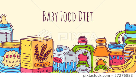 Baby healthy food banner vector illustration. First meal for babies. Baby bottles, puree jars, sippy Baby healthy food banner vector illustration. First meal for babies. Baby bottles, puree jars, sippy 57276888