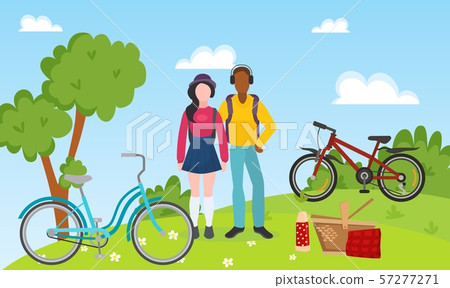 Sport recreation people couple ride bicycles and outdoor picnic vector illustration. Mixed race Sport recreation people couple ride bicycles and outdoor picnic vector illustration. Mixed race 57277271