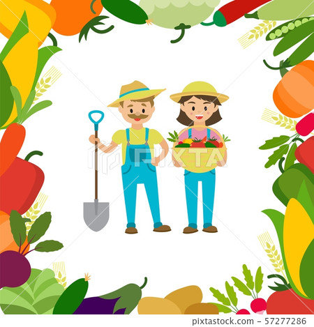 A couple of farmers with harvest vector illustration. Woman holding basket with fresh vegetables 57277286