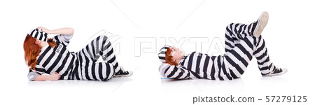 Prisoner in striped uniform on white Prisoner in striped uniform on white 57279125
