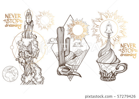 A sketch for the painting with the spacecraft and mug of coffee, tea or hot chocolate. Surrealistic A sketch for the painting with the spacecraft and mug of coffee, tea or hot chocolate. Surrealistic 57279426