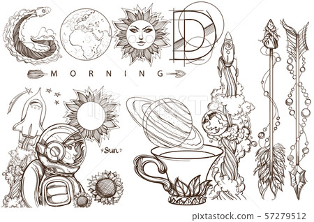 Space. Beautiful inscription: Good morning. A set of outline illustrations with sketches of tattoos. Space. Beautiful inscription: Good morning. A set of outline illustrations with sketches of tattoos. 57279512