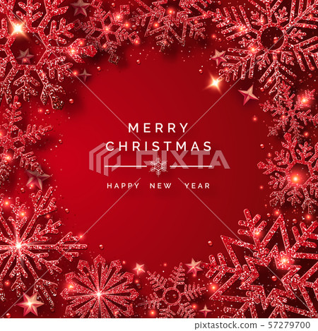 Christmas background with shining red snowflakes and snow. Round frame shape. Merry Christmas card 57279700