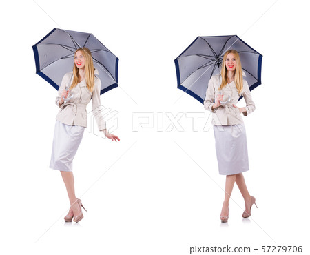 Young woman with umbrella on white Young woman with umbrella on white 57279706