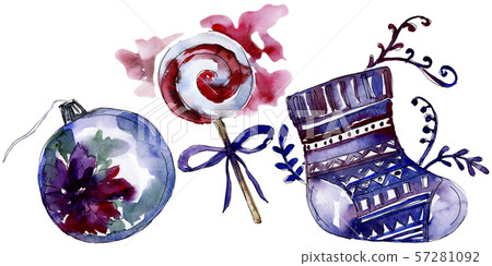 Christmas winter holiday symbol in a watercolor style isolated. Aquarelle christmas card. Christmas winter holiday symbol in a watercolor style isolated. Aquarelle christmas card. 57281092