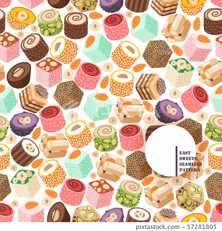 Turkish delight, eastern sweets vector illustration. Seamless pattern with colorful traditional Turkish delight, eastern sweets vector illustration. Seamless pattern with colorful traditional 57281805