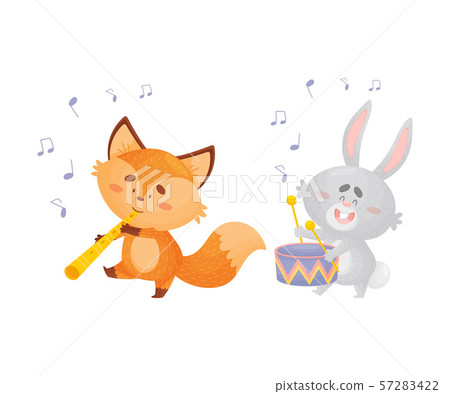 Cartoon foxes and a hare play musical instruments. Vector illustration on a white background. 57283422