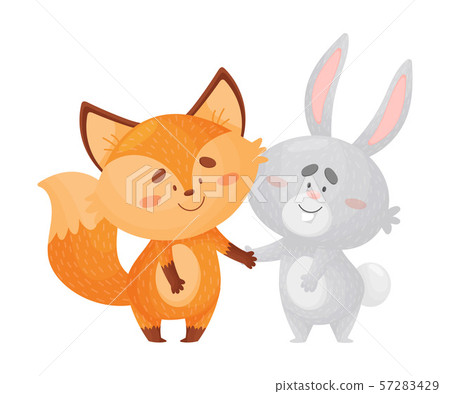 Cartoon foxes and a hare hold hands. Vector illustration on a white background. 57283429