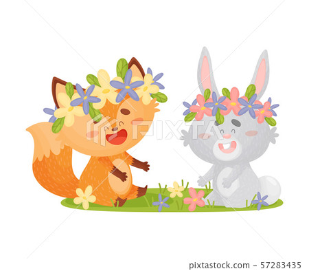 Cartoon foxes and hare with wreaths of flowers on their heads. Vector illustration on a white 57283435