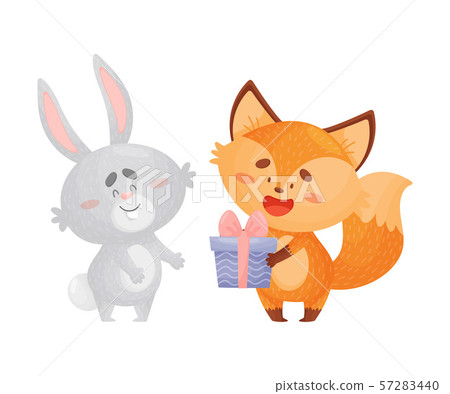 Cute fox with a gift for a hare. Vector illustration on a white background. 57283440