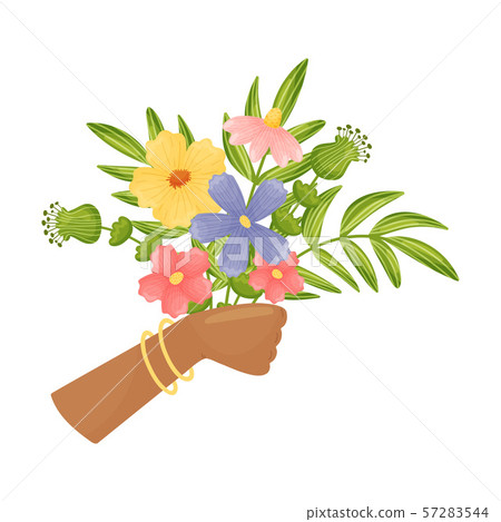 Hand with bracelets holds a bouquet of flowers.... - Stock Illustration ...