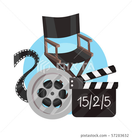 Directors chair, film strip, movie clapperboard in a blue circle. Vector illustration on a white 57283632