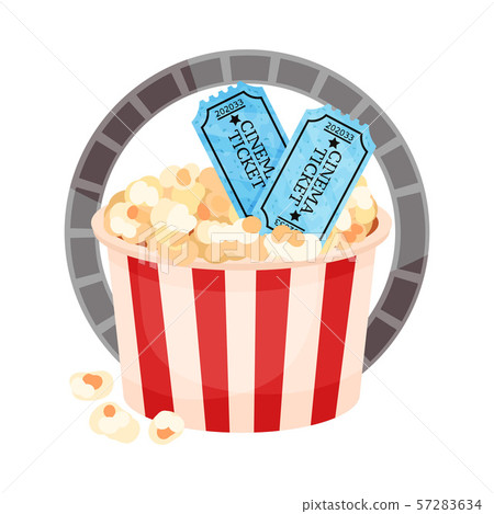 More paper bucket with popcorn and tickets. Vector illustration on a white background. 57283634