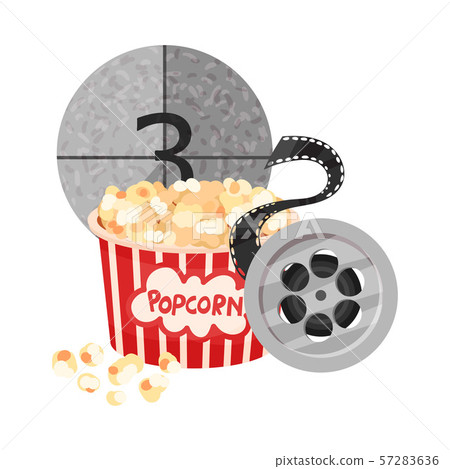 Popcorn, film strip and gray round frame with the number 3. Vector illustration on a white Popcorn, film strip and gray round frame with the number 3. Vector illustration on a white 57283636