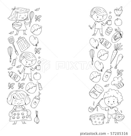 Healthy food and cooking. Fruits, vegetables, household. Doodle vector set. 57285316