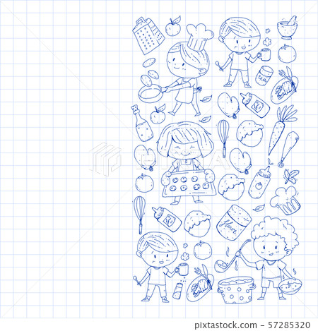 Healthy food and cooking. Fruits, vegetables, household. Doodle vector set. 57285320
