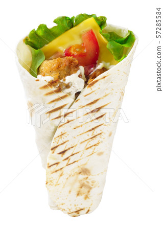 Grilled dietary chicken burrito with cheese on white background Grilled dietary chicken burrito with cheese on white background 57285584